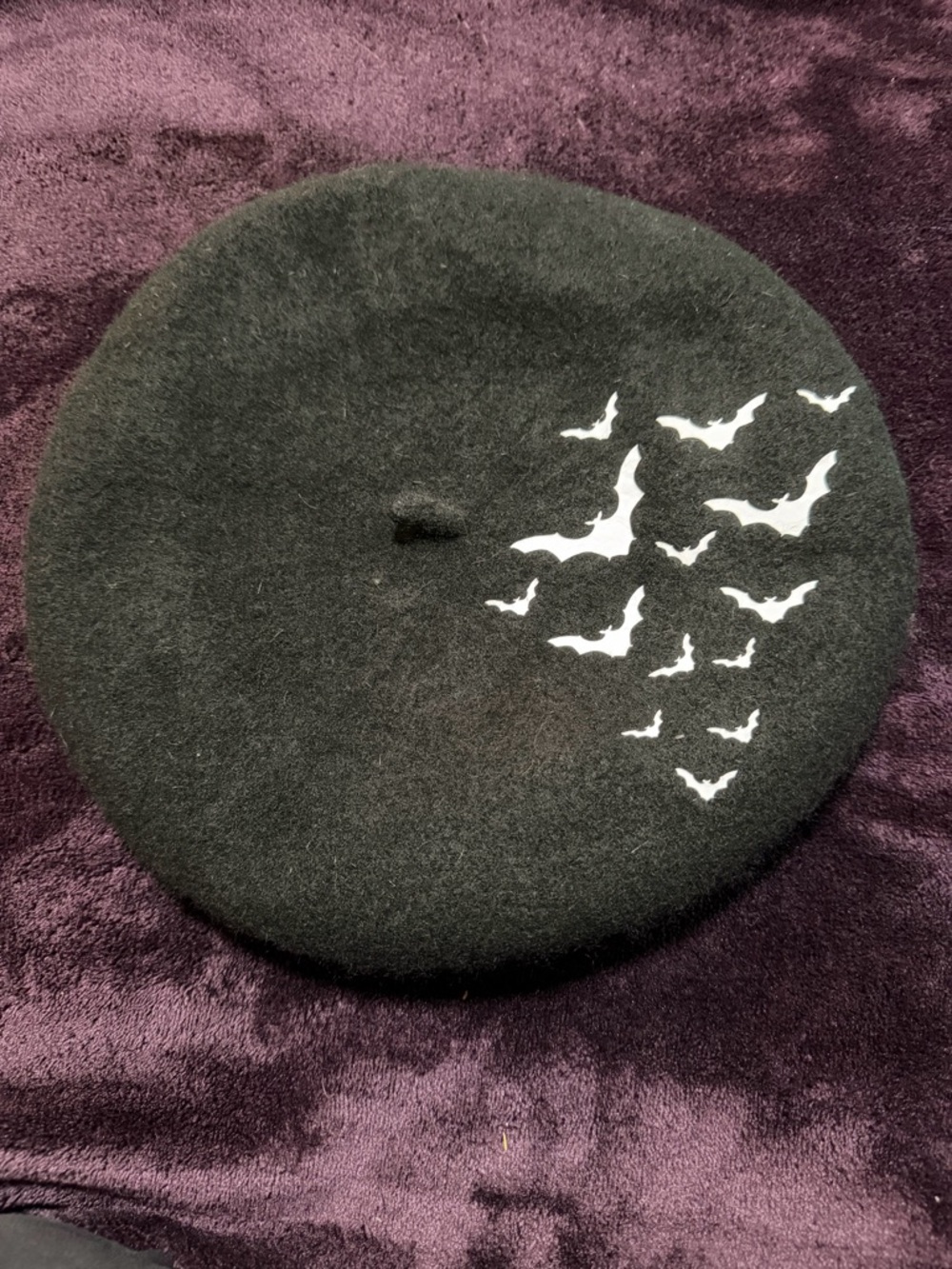 Black Wool Beret with White Bat Print